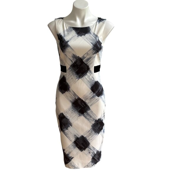Karen Millen Painterly Check Midi Sheath Dress, Blue White Women's Size US 8 - Picture 2 of 10